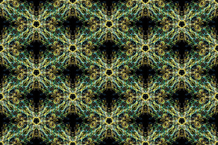 Swirls of fractal lines on black backround. Creative digital art. Silk symmetry seamless pattern...