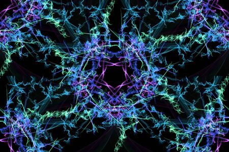 Swirls of fractal lines on black backround. Creative digital art. Silk symmetry seamless pattern...