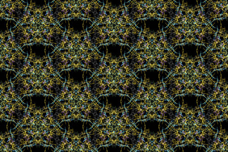Swirls of fractal lines on black backround. Creative digital art. Silk symmetry seamless pattern series.の写真素材