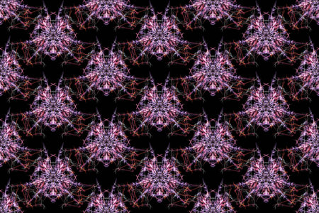 Swirls of fractal lines on black backround. Creative digital art. Silk symmetry seamless pattern...