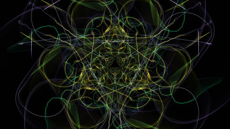 Colorful neon abstract symmetrical lights. Silk symmetry series.の写真素材