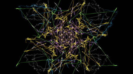 Abstract black background with colored lines. Silk symmetry series.