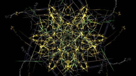Abstract art backdrop. Colorful lines with particles on black background. Silk symmetry series.