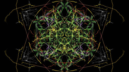 Abstract black background with colored lines. Silk symmetry series.