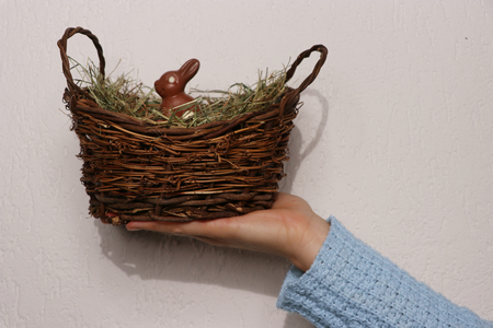 Chocolate easter bunny in a basketの写真素材