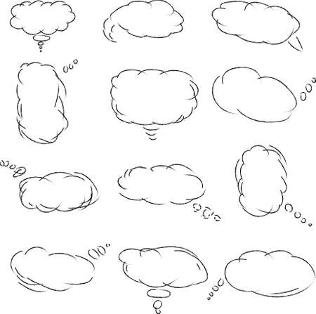 Speak Bubbles Hand Drawn Vector for comics, cartoons, doodle. Various shapes of bubbles are drawn in black ink. Cloud vector illustration for your projects.のイラスト素材