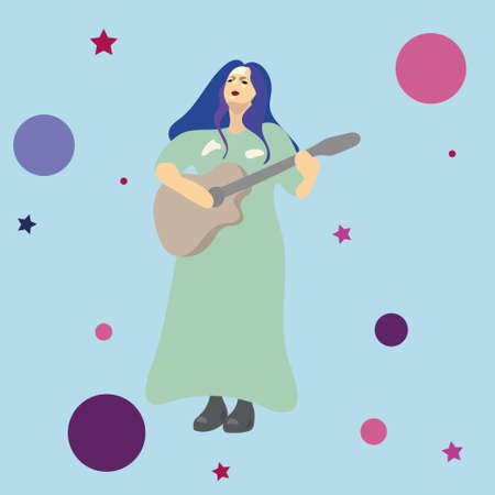 The illustration shows a girl with a guitar in a cartoon style. blue background. blue hair. green dress. Balls, stars.のイラスト素材