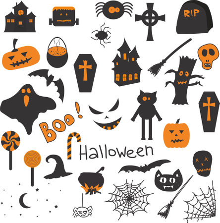 Vector Halloween icons in autumn colors. Image pumpkin, broom, spider, spider web, scary palace, ghost, sweets, lollipop, coffin, tree, cat, cat, cauldron, potion, witch's hat, batのイラスト素材