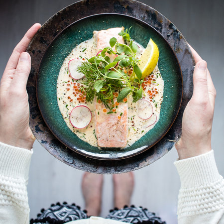 Baked Salmon with White Wine Trout Roe Sauceの写真素材