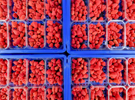 Close-up of blue plastic crates stacked with harvested raspberriesの写真素材