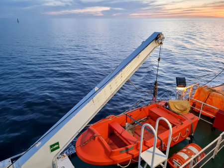 An orange lifeboat is docked in the water with the craneの写真素材