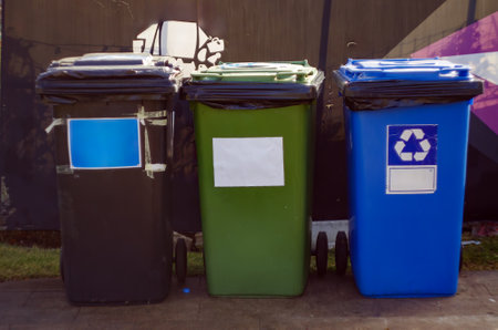 Three wheeled waste bins, black, green, and blue, stand on a paved surface near a graffiti covered wall with abstract shapes and a white animal figure.の写真素材