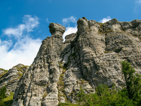 A rugged rock formation with a mushroom shaped outcrop, surrounded by green shrubs and trees under a bright blue sky with scattered clouds.の写真素材