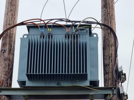 Gray electrical transformer with cooling fins mounted on two wooden utility poles, connected by...