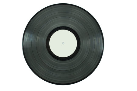 A black vinyl disc viewed from the top agains a white backgroundの写真素材