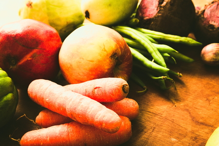 Freshly picked fruits and vegetables from a nearby farmer's market.の写真素材