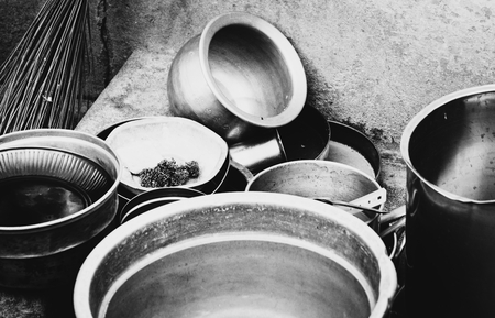 set of unmade dishes in a typical tamil household.の写真素材