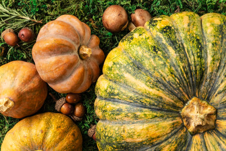 Beautifull close-up top view of butternuts, pumpkins, mushrooms and acorns over some lichen in a...