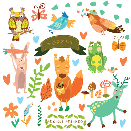 Vector Set of Cute Woodland and Forest Animals.Squirrel,rabbit, nightingale, frog, deer, owl, bird, ,butterfly.(All objects are isolated groups so you can move and separate them)のイラスト素材