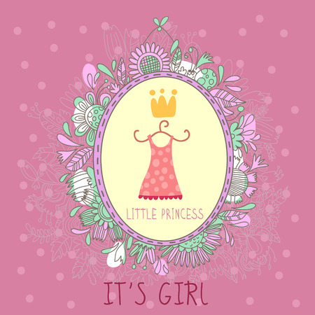 Baby Girl Shower and Arrival Card with girls' attributes.With place for your foto and text in vector.のイラスト素材