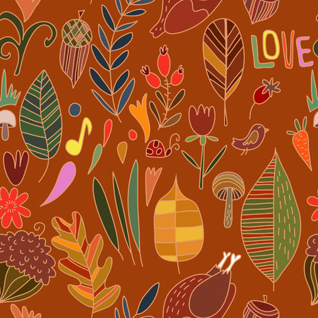 Autumn seamless patterns with leafs, flowers and acorns. Cute vector backgrounds in warm retro colors. Seamless pattern can be used for wallpaper, pattern fills, surface texturesのイラスト素材