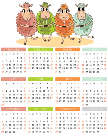 alendar for 2015. Year of Sheep. Vector cartoon sheeps danceのイラスト素材