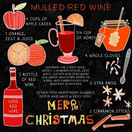 Christmas Recipe of Hot red drink- mulled wine with  spices: honey,whole cloves, anise and cinnamon sticks.のイラスト素材