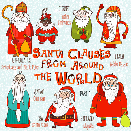 Christmas set - Santa Clauses from Around the World. Part 1:Santa Claus, Joulupukki,Odzi-San,Babbo Natale,Father Christmas and Sinterklaasのイラスト素材