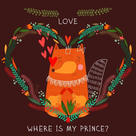 Where is my prince?- bright concept card in vector. Cute fox in flowers  heart. Romantic background in cartoon styleのイラスト素材