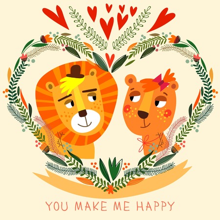 You Make My Happy card in bright colors. Cute couple of  lion with flowers in cartoon style.Romantic Valentines day background in vectorのイラスト素材