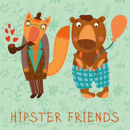 Retro card with animals hipster friends. (fox & bear)のイラスト素材