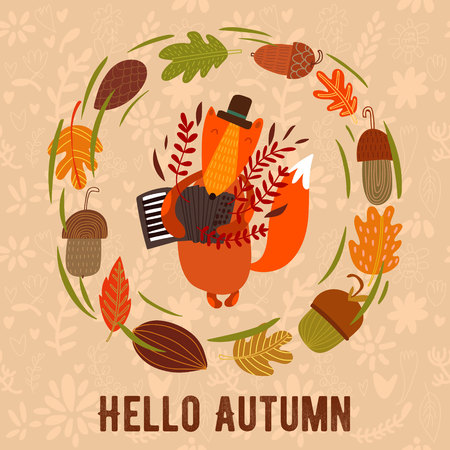 Vector autumn card with wreath from leaves and acorns. Vintage autumn card with cute fox and text "Hello autumn". -stock vectorのイラスト素材