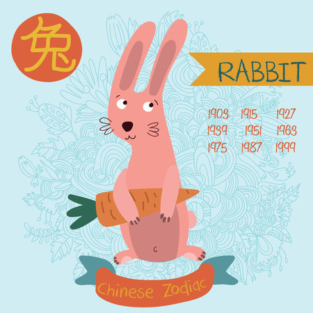 Cute Chinese zodiac sign - rabbit. Vector illustrationyearsChinese character. Doodle hand-drawn styleのイラスト素材