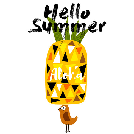 Hello Summer-Concept poster with pineapple and bird.のイラスト素材