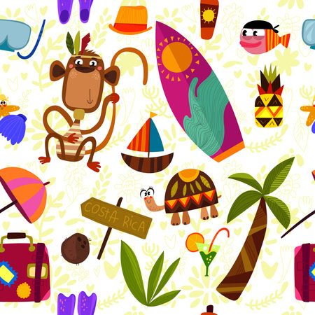 Funny seamless pattern with summer elements: surfboard,palm, turtle, monkey, umbrella, cocktail and other.Use for wallpaper, pattern fills, web page background,surface textures.のイラスト素材
