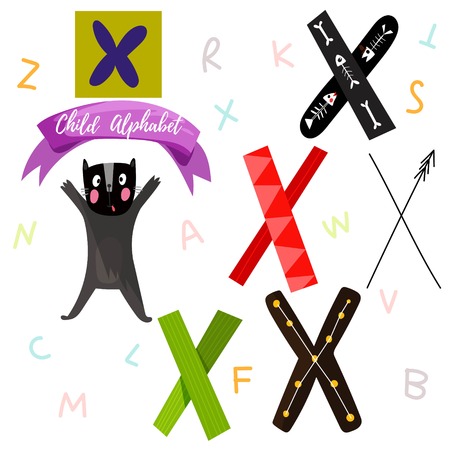 Bright alphabet set in vector.X Letter-Stylish 6 hand drawn letters in different designs.Cartoon abs icons - stock vectorのイラスト素材