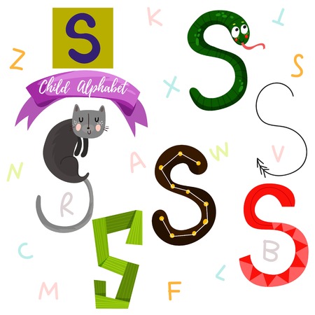 Bright alphabet set in vector.S Letter-Stylish 6 hand drawn letters in different designs.Cartoon abs icons - stock vectorのイラスト素材