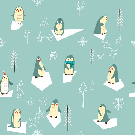 Vector seamless Christmas pattern with cute penguin. Suitable for textile, gift cards and gift wrapping paper.のイラスト素材