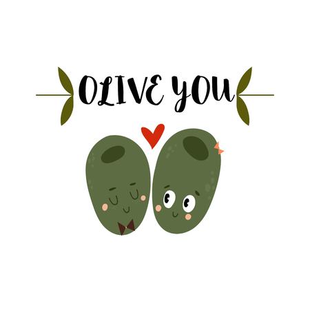 Olive You.The original Valentines card with two cartoon olives.Flat design Happy Valentines.Can be add text-stock vectorのイラスト素材