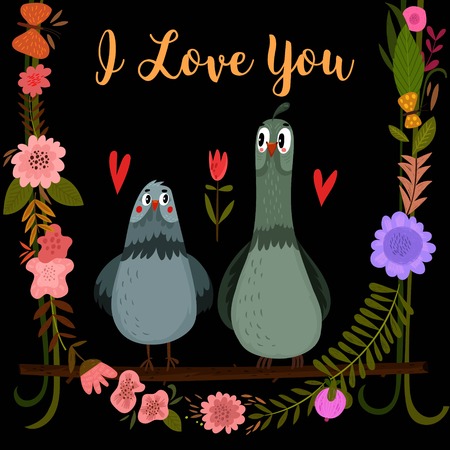 Couple of cute birds. Happy Valentines day card with cartoon pigeons  and flowers.Can be used as invitation card for wedding,birthday and other holidays. With space for textのイラスト素材
