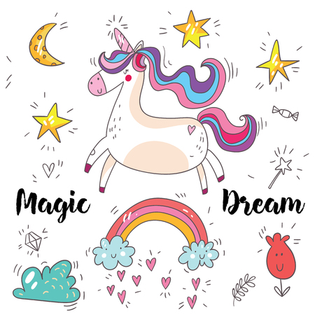 Magic cute unicorn, stars, clouds and moon poster, greeting card, vector illustration - stock vectorのイラスト素材