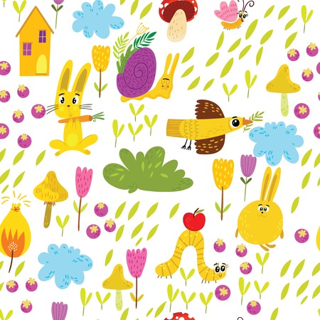 Cute seamless pattern with rabbits, birds and flowers. Endless Spring background.のイラスト素材