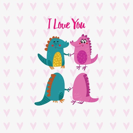 Lovely  hand drawn card with fell in love dinosaurs.  Background, cover for children in cartoon styleのイラスト素材