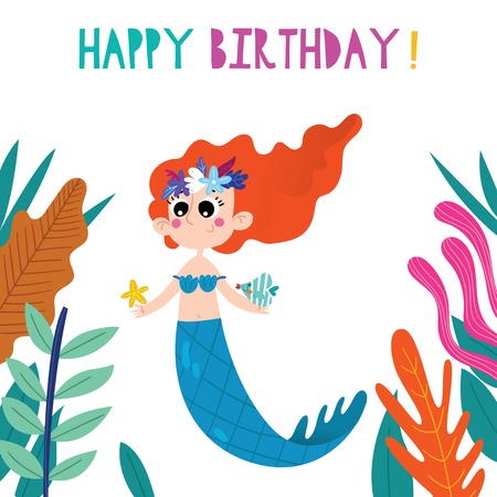 Birthday card with cartoon Mermaid. Hand drawn graphic for poster, card, label, baby wear, nursery.のイラスト素材