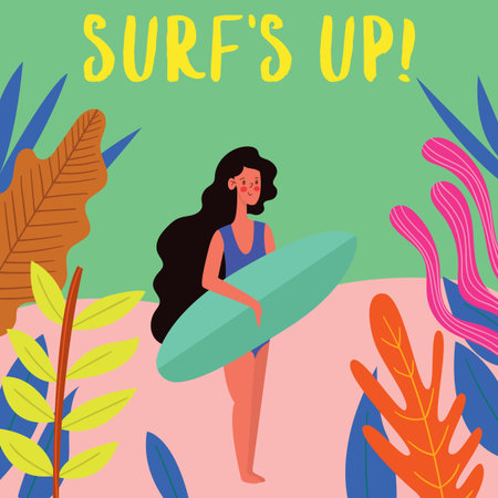 Surf's Up! Surfing card with cute surf girl on the beach.Vector flat cartoon illustration