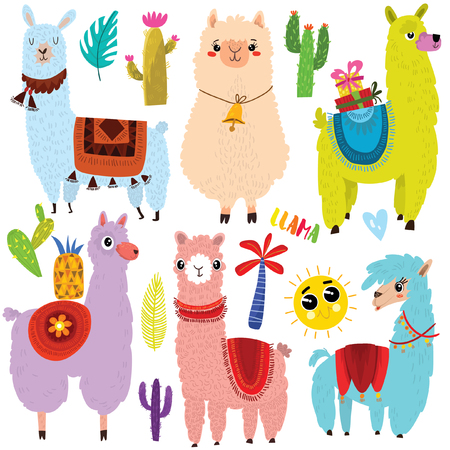 Vector set of cute Llamas and elements.Cute six cartoon characters.のイラスト素材