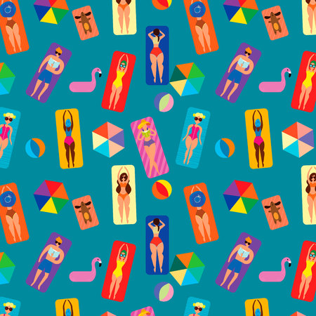 Summer seamless pattern with people on the beach.Summer time vacation, women sunbathing in bikini.Background can be used for wallpapers, pattern fills, surface textures.のイラスト素材