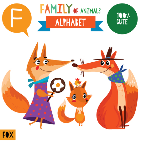 Letter F-Mega big set.Cute vector alphabet with family of animals in cartoon style.のイラスト素材