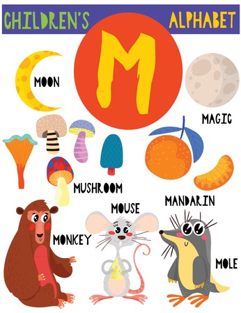 Letter M.Cute children's alphabet with adorable animals and other things.Poster for kids learning English vocabulary.Cartoon vector illustration.のイラスト素材