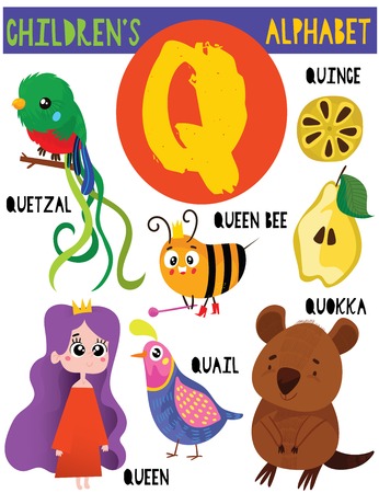 Letter Q.Cute children's alphabet with adorable animals and other things.Poster for kids learning English vocabulary.Cartoon vector illustration.のイラスト素材